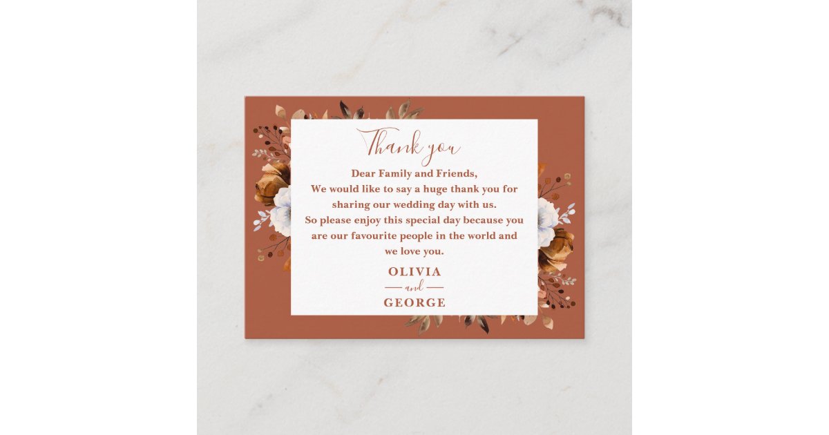 Rustic Terracotta Fall Floral Wedding Thank You Place Card | Zazzle
