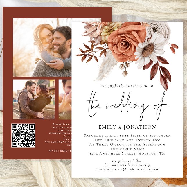 Rustic Terracotta Fall Florals 3 Photos QR Wedding Invitation (Available digitally or printed)