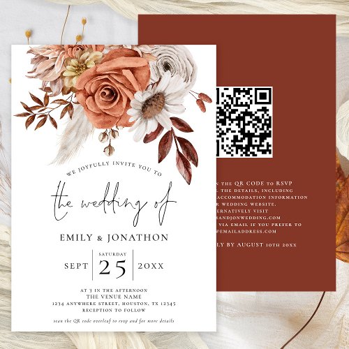 Rustic Terracotta Fall Florals QR Code Wedding Invitation