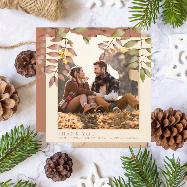 Rustic Terracotta Fall Leaves Photo Thank You Card (Creator Uploaded)