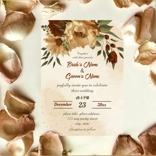 rustic terracotta floral botanical wedding  invitation
