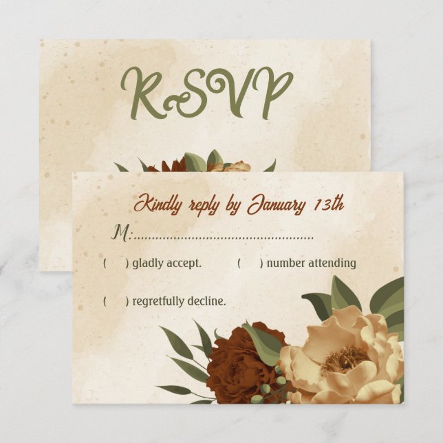 rustic terracotta floral botanical wedding  RSVP card (Front/Back)