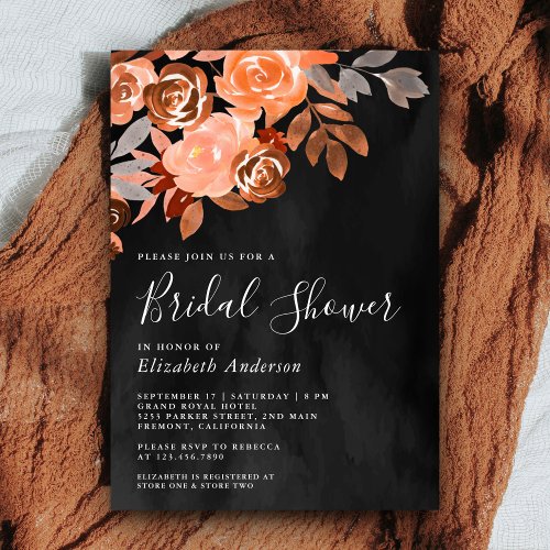 Rustic Terracotta Floral Dark Grey Bridal Shower Invitation