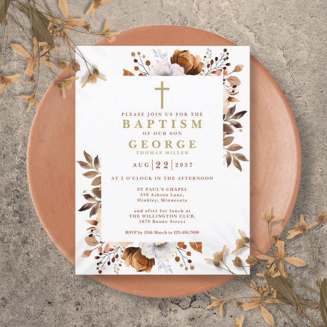 Rustic Terracotta Floral Fall Baptism Invitation Postcard (Rustic Terracotta Floral Fall Baptism Invitation Postcard)