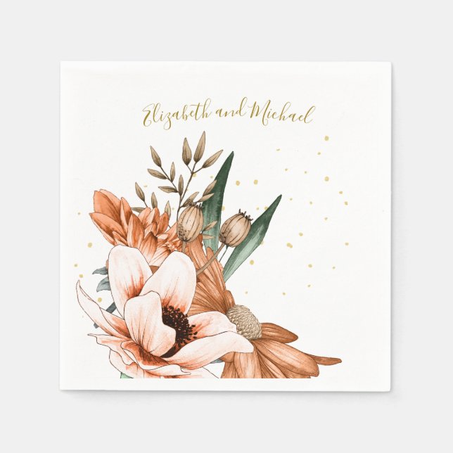 Rustic Terracotta Floral Gold Elegant Chic Wedding Napkins (Front)