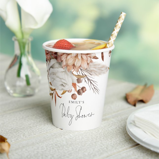 Rustic Terracotta Floral Name Boho Baby Shower Paper Cups (Insitu)