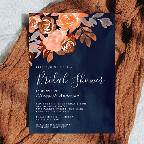 Rustic Terracotta Floral Navy Blue Bridal Shower Invitation