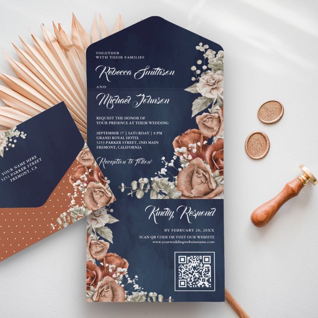 Rustic Terracotta Floral Navy Blue QR Code Wedding All In One Invitation (Creator Uploaded)