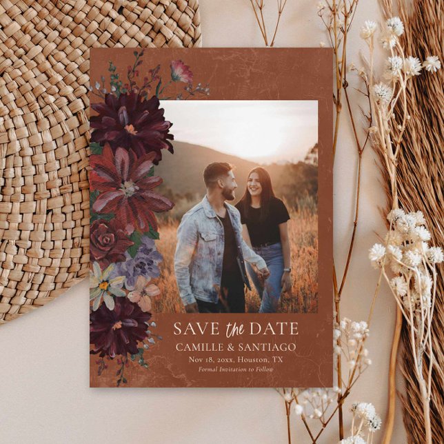 Rustic Terracotta Floral Photo Save the Date Card (Moody Terracotta Floral Photo Save the Date Card)
