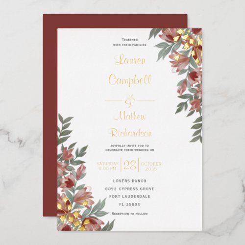 Rustic Terracotta Floral Real Gold Wedding Foil Invitation