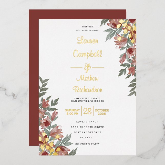 Rustic Terracotta Floral Real Gold Wedding Foil Invitation (Front/Back)