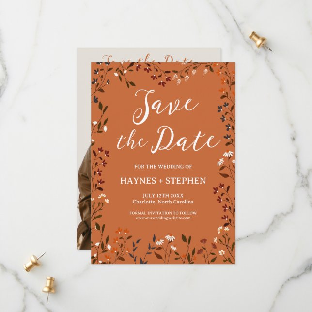 Rustic Terracotta Floral Save the Date Card (Front/Back In Situ)