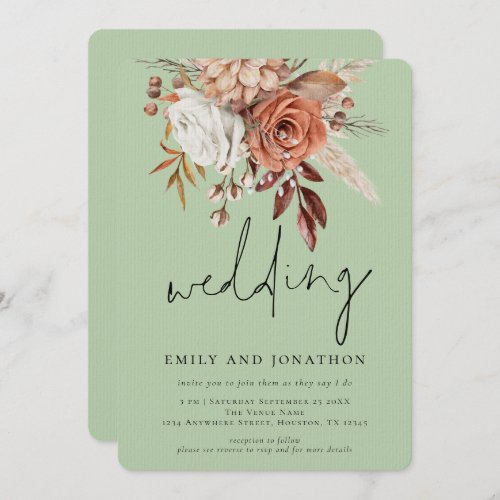 Rustic Terracotta Floral Script Sage Green Wedding Invitation