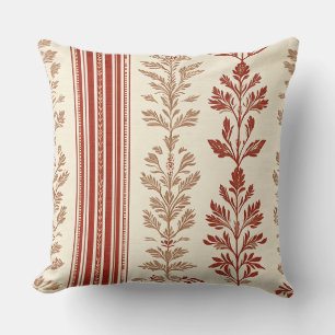 Rustic Terracotta Floral Toile Cream Stripes Throw Pillow
