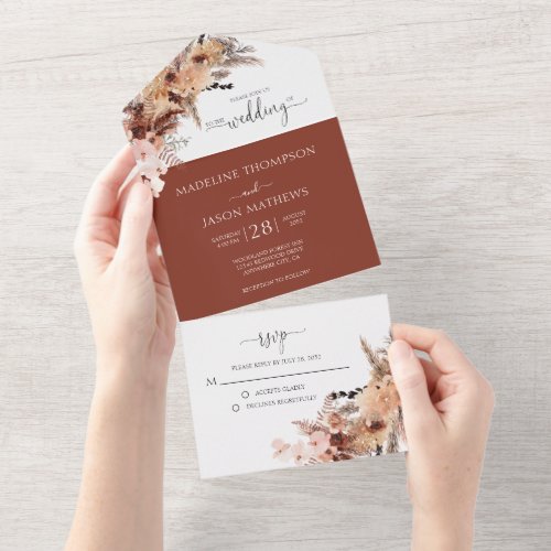 Rustic Terracotta Floral Watercolor Wedding All In One Invitation