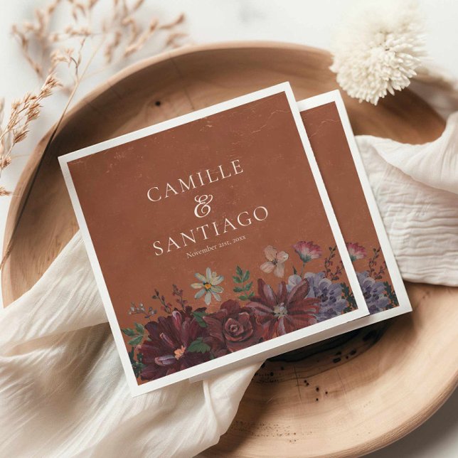 Rustic Terracotta Floral Wedding  Napkins (Terracotta Floral Fall Wedding Napkin)