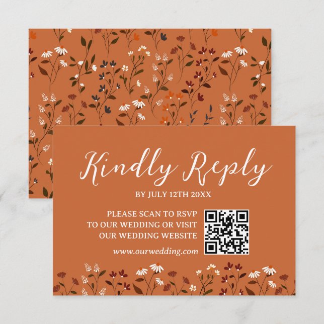 Rustic Terracotta Floral Wedding QR code RSVP Card (Front/Back)