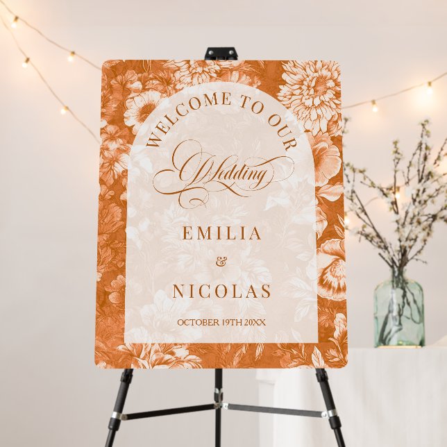Rustic Terracotta Floral Wedding Welcome Sign (In Situ (Stand))