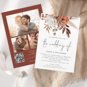 Rustic Terracotta Florals 3 Photos QR Code Wedding Invitation