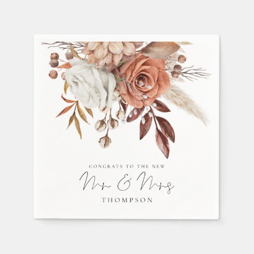 Rustic Terracotta Florals Congrats Mr Mrs Wedding  Napkins