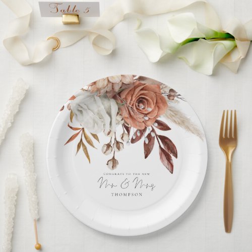 Rustic Terracotta Florals Congrats Mr Mrs Wedding  Paper Plates