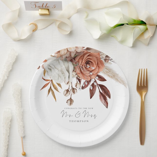 Rustic Terracotta Florals Congrats Mr Mrs Wedding  Paper Plates (Wedding)