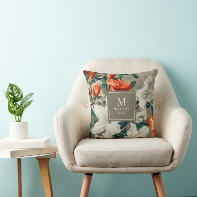 Rustic Terracotta Florals Elegant Monogram  Throw Pillow (Chair)