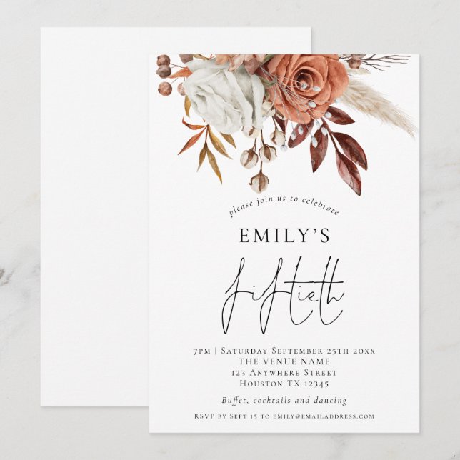 Rustic Terracotta Florals Fiftieth Birthday Party Invitation (Front/Back)