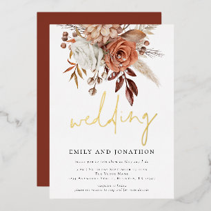 Rustic Terracotta Florals Informal Script Wedding  Foil Invitation
