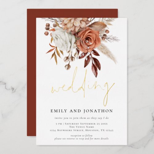Rustic Terracotta Florals Informal Script Wedding  Foil Invitation