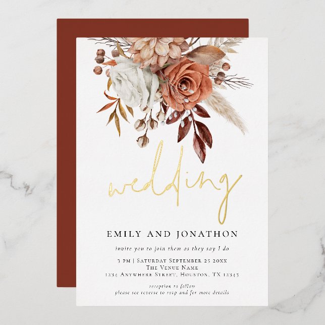 Rustic Terracotta Florals Informal Script Wedding  Foil Invitation (Front/Back)