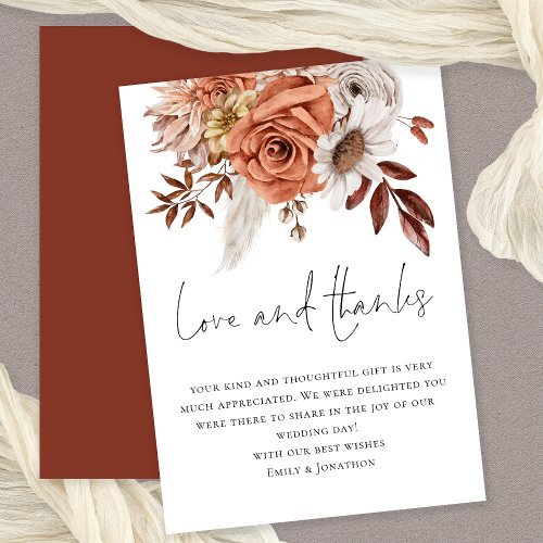 Rustic Terracotta Florals Love Thanks Wedding Card