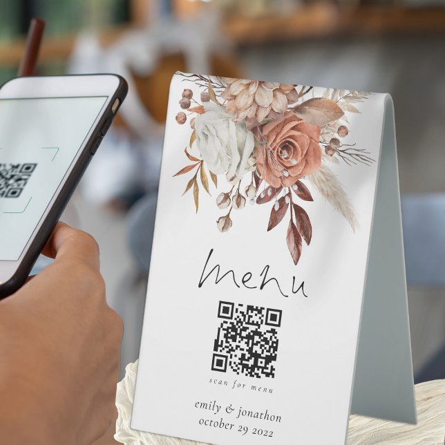 Rustic Terracotta Florals Menu Qr Code Wedding  Table Tent (Perfect for your wedding tables for your guests convenience!)