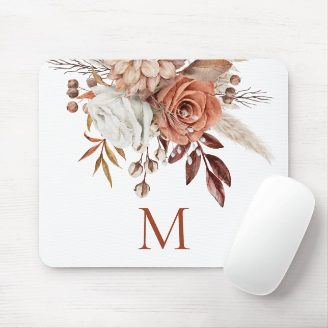 Rustic Terracotta Florals Monogram Initial Mouse Pad (With Mouse)