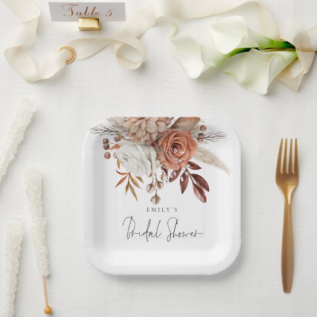 Rustic Terracotta Florals Name Bridal Shower Paper Plates (Wedding)