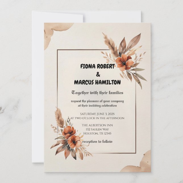 Rustic Terracotta Florals & Pampas Grass Wedding Invitation (Front)