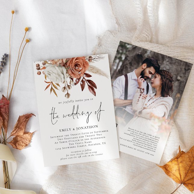 Rustic Terracotta Florals Photo QR Code Wedding Invitation (Front and back view)