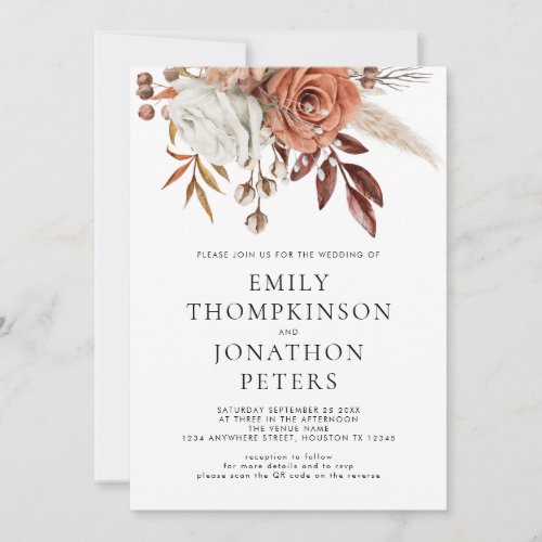 Rustic Terracotta Florals QR Code Wedding Invitation