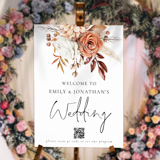 Rustic Terracotta Florals QR Code Welcome Wedding Foam Board
