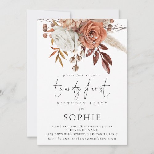 Rustic Terracotta Florals Script 21st Party
