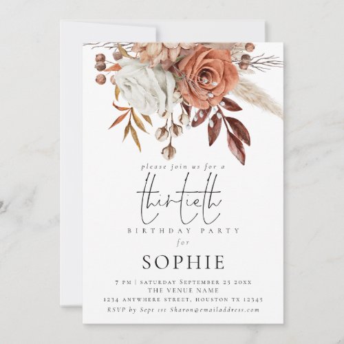 Rustic Terracotta Florals Script 30th Birthday