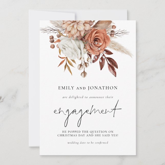Rustic Terracotta Florals Script Engagement  Announcement (Front)