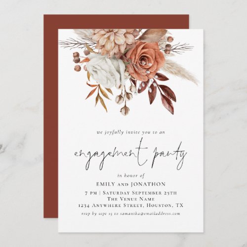 Rustic Terracotta Florals Script Engagement Party Invitation