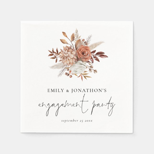 Rustic Terracotta Florals Script Engagement Party  Napkins (Front)