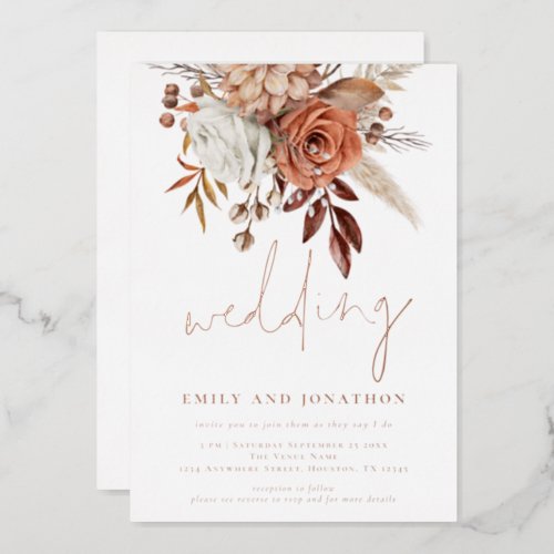 Rustic Terracotta Florals Script Wedding Real Foil Foil Invitation