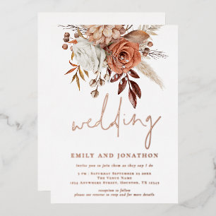 Rustic Terracotta Florals Script Wedding Real Foil Invitation