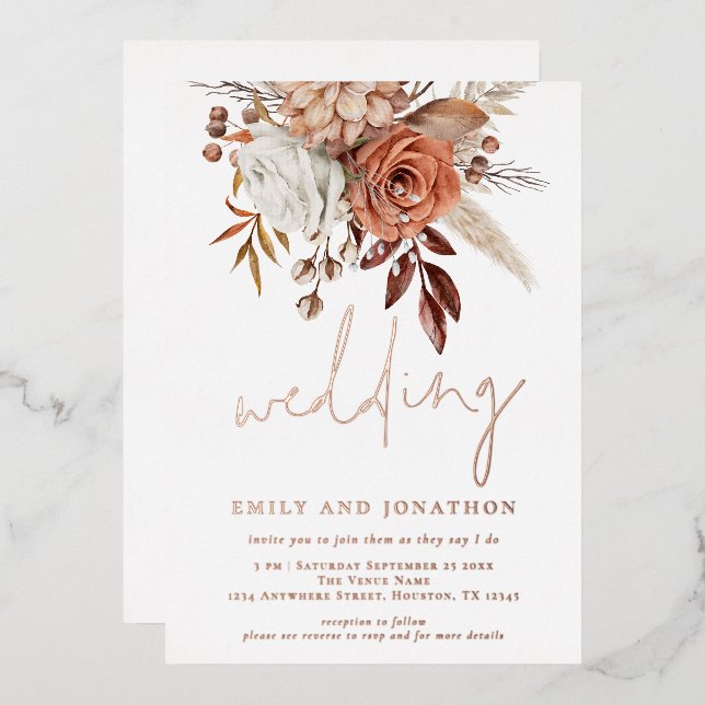 Rustic Terracotta Florals Script Wedding Real Foil Invitation (Front/Back)