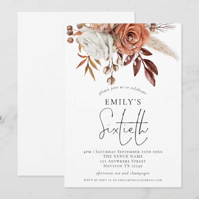 Rustic Terracotta Florals Sixtieth Birthday Party Invitation (Front/Back)