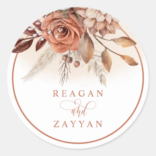 Rustic Terracotta Flowers And Pampas Grass Classic Round Sticker
