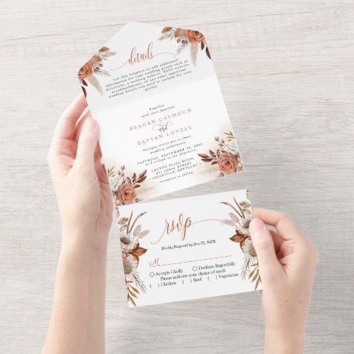 Rustic Terracotta Flowers And Pampas Grass Wedding All In One Invitation